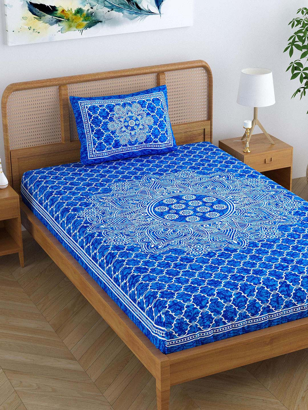 SheetKart Blue & White Ethnic Motifs 120 TC Single Bedsheet With 1 Pillow Cover