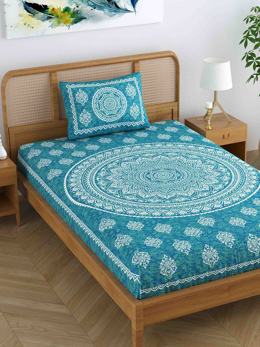 SheetKart Jaipuri Sea Green Ethnic Motifs Polycotton 120 TC Single Bedsheet with a Pillow Cover-53 x 84 inches