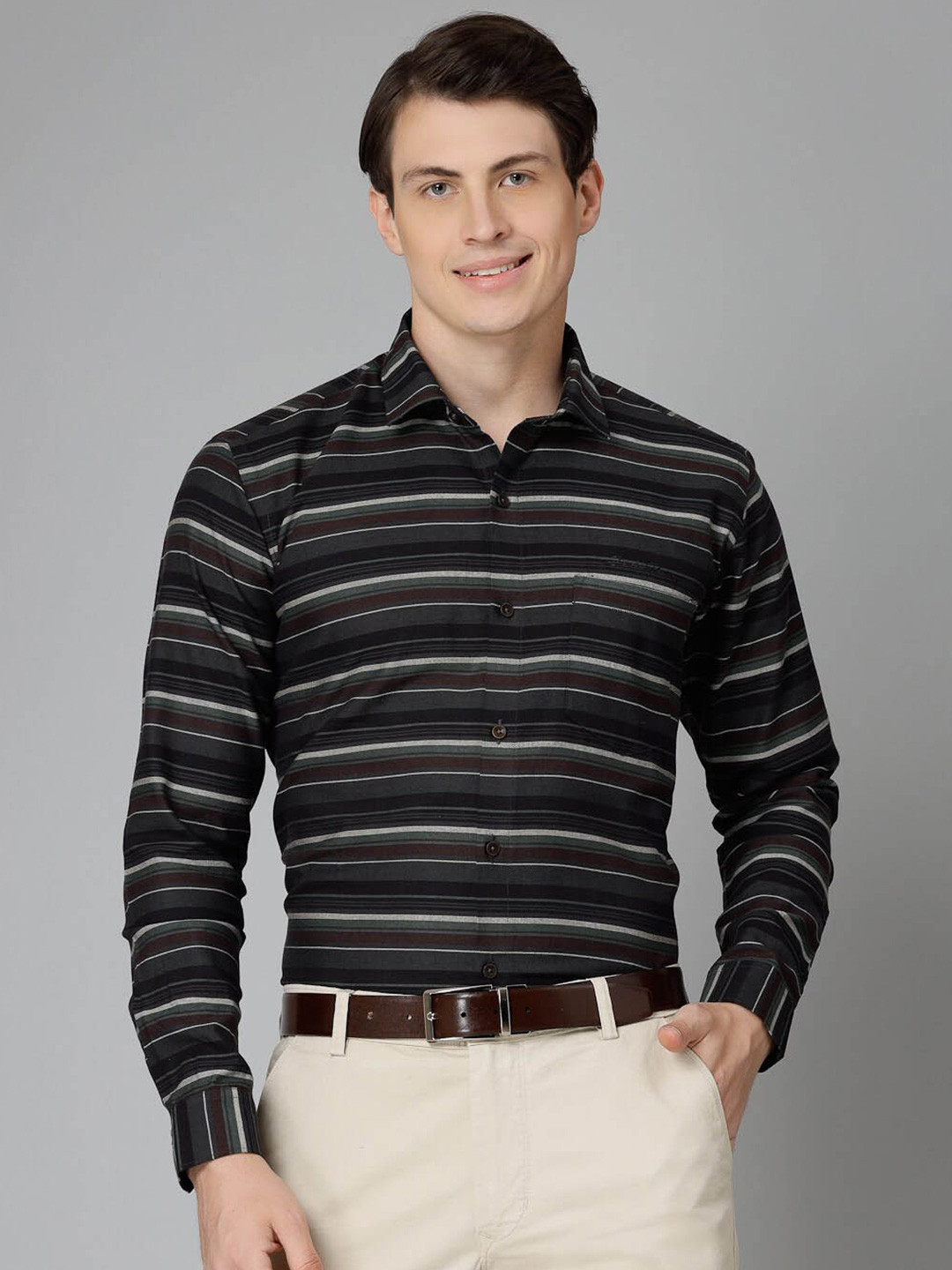 JADEBERRY Standard Horizontal Striped Spread Collar Cotton Formal Shirt