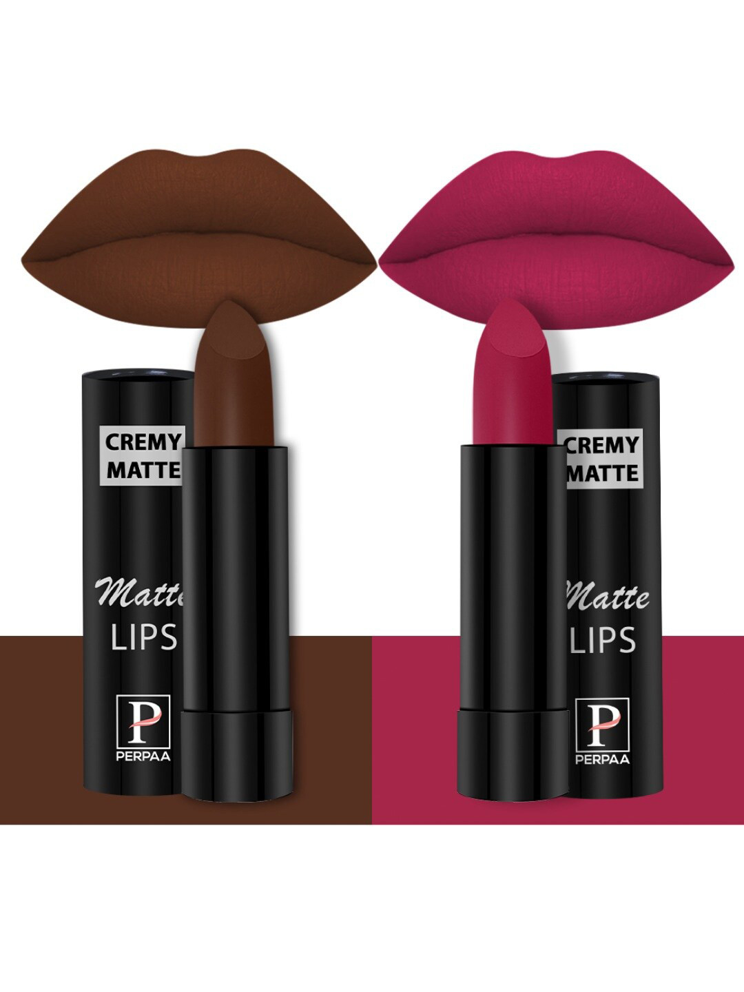 PERPAA Set of 2 Creamy Matte Bullet Lipstick 3.5g Each - Cocoa Brown 67 & Ruby Magenta 84
