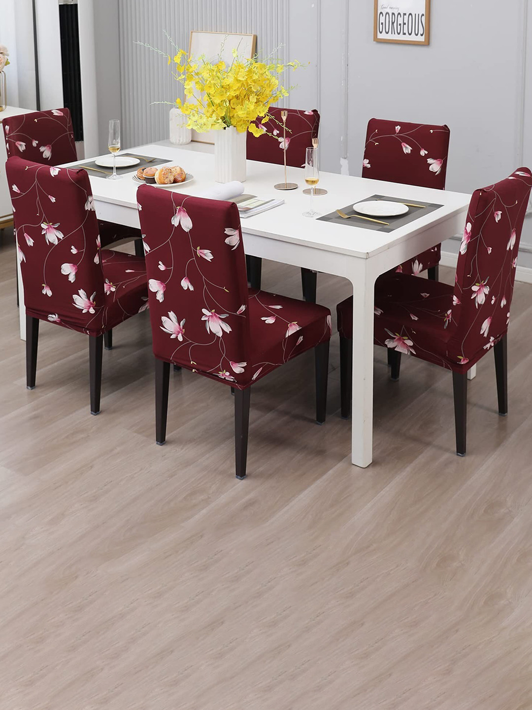 Dakshya Industries Maroon & Pink 6 Pieces Printed Chair Covers