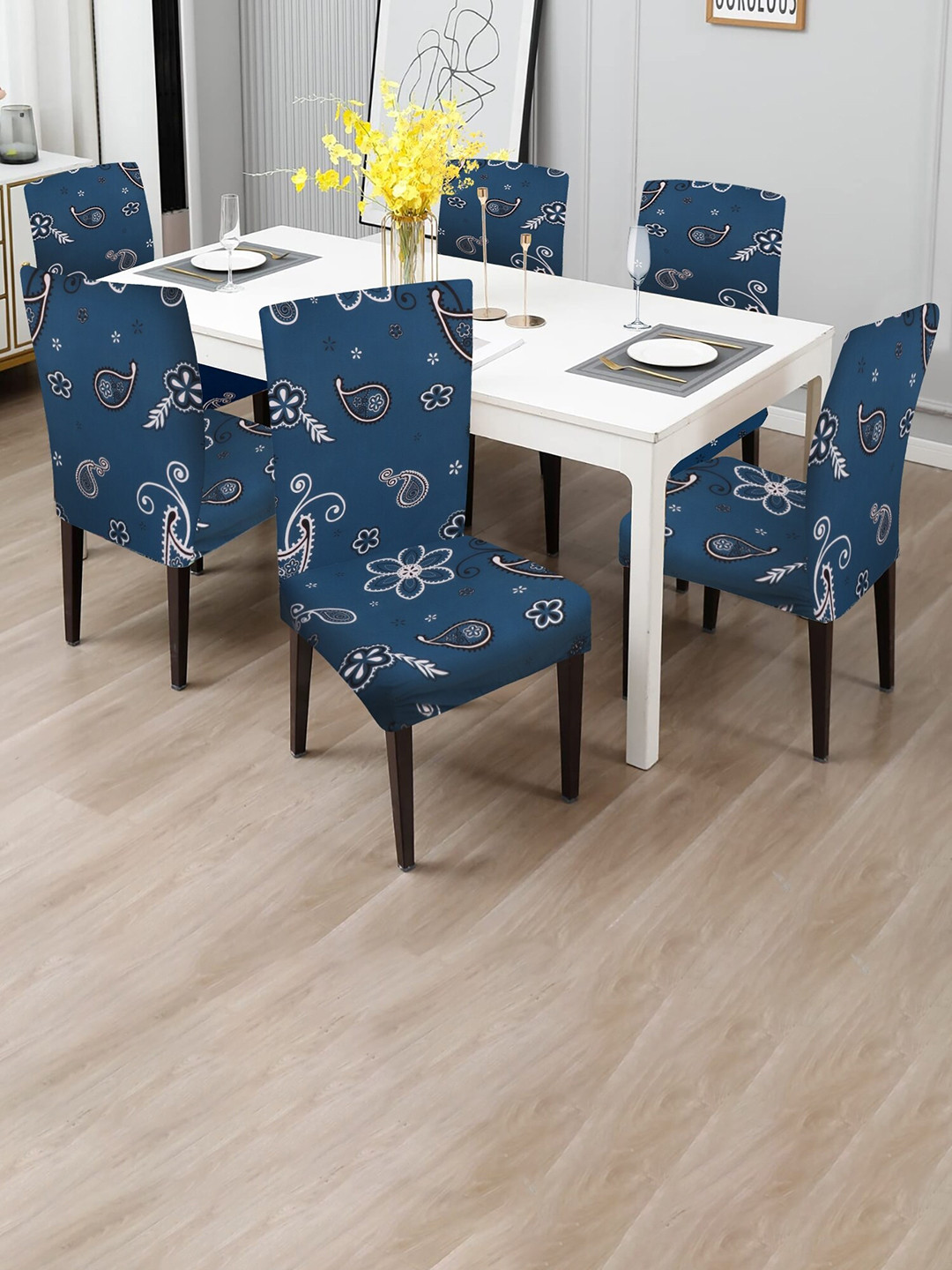 Dakshya Industries Blue 6-Pcs Printed Elastic Chair Covers