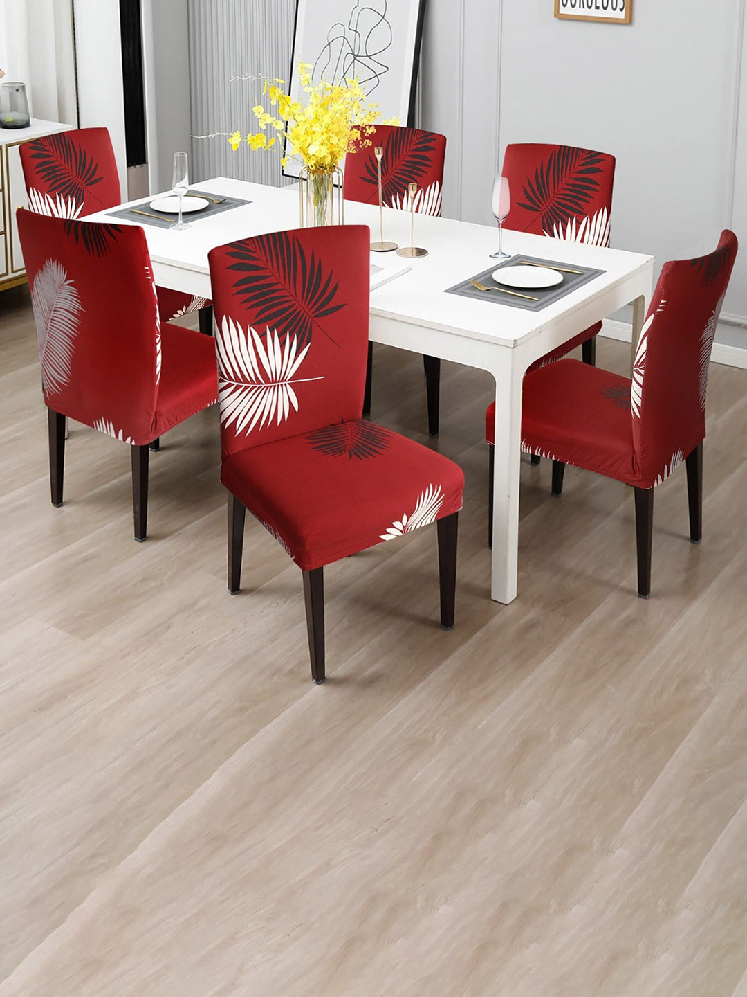 Dakshya Industries Maroon & White 6 Pieces Printed Elastic Chair Covers