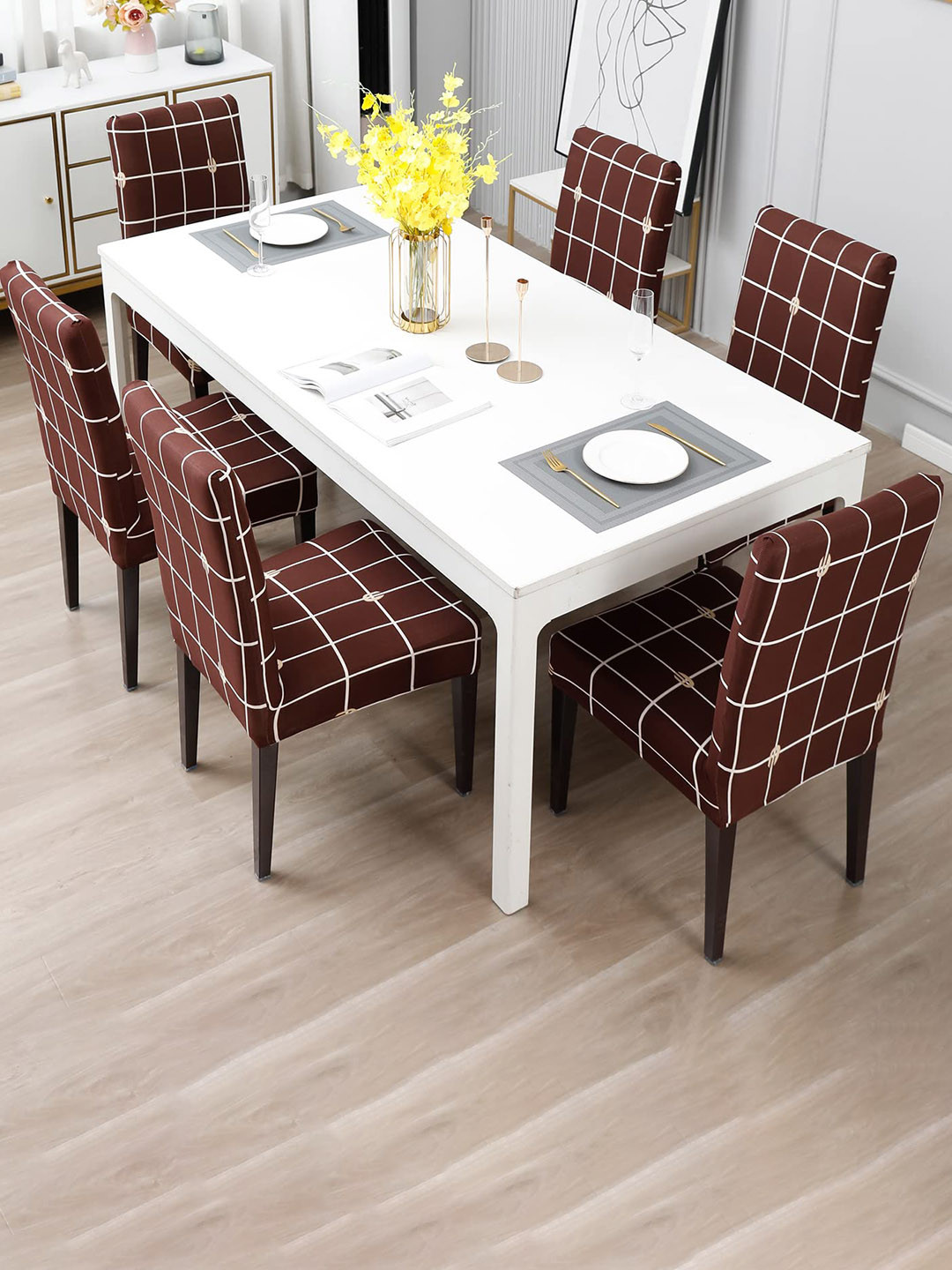 Dakshya Industries Maroon & White 6 Pieces Printed Elastic Chair Covers