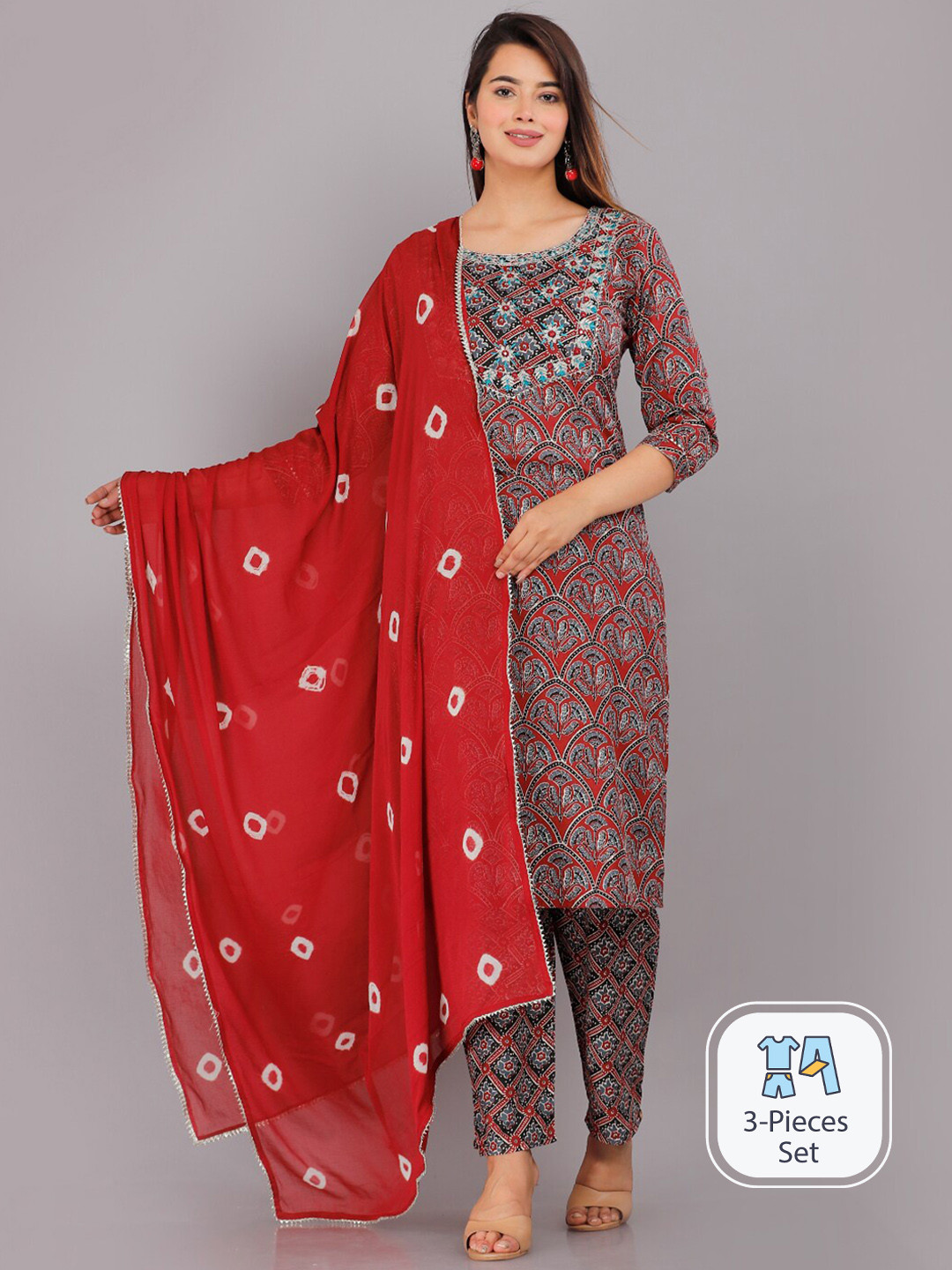 HIGHLIGHT FASHION EXPORT Ethnic Motifs Printed Gotta Patti Pure Cotton Straight Kurta Set