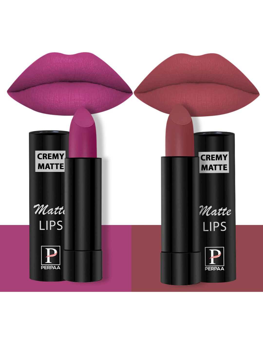 PERPAA Set Of 2 Creamy Matte Long-Stay Lipstick - Rose Magenta 58 & Brick Red 110
