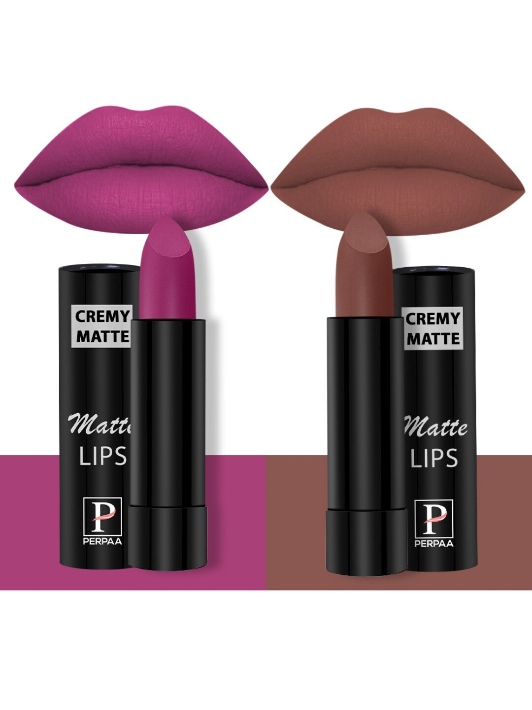PERPAA Set Of 2 Creamy Matte Bullet Lipstick - 3.5g Each - Rose Magenta58 - Nude Brown 111