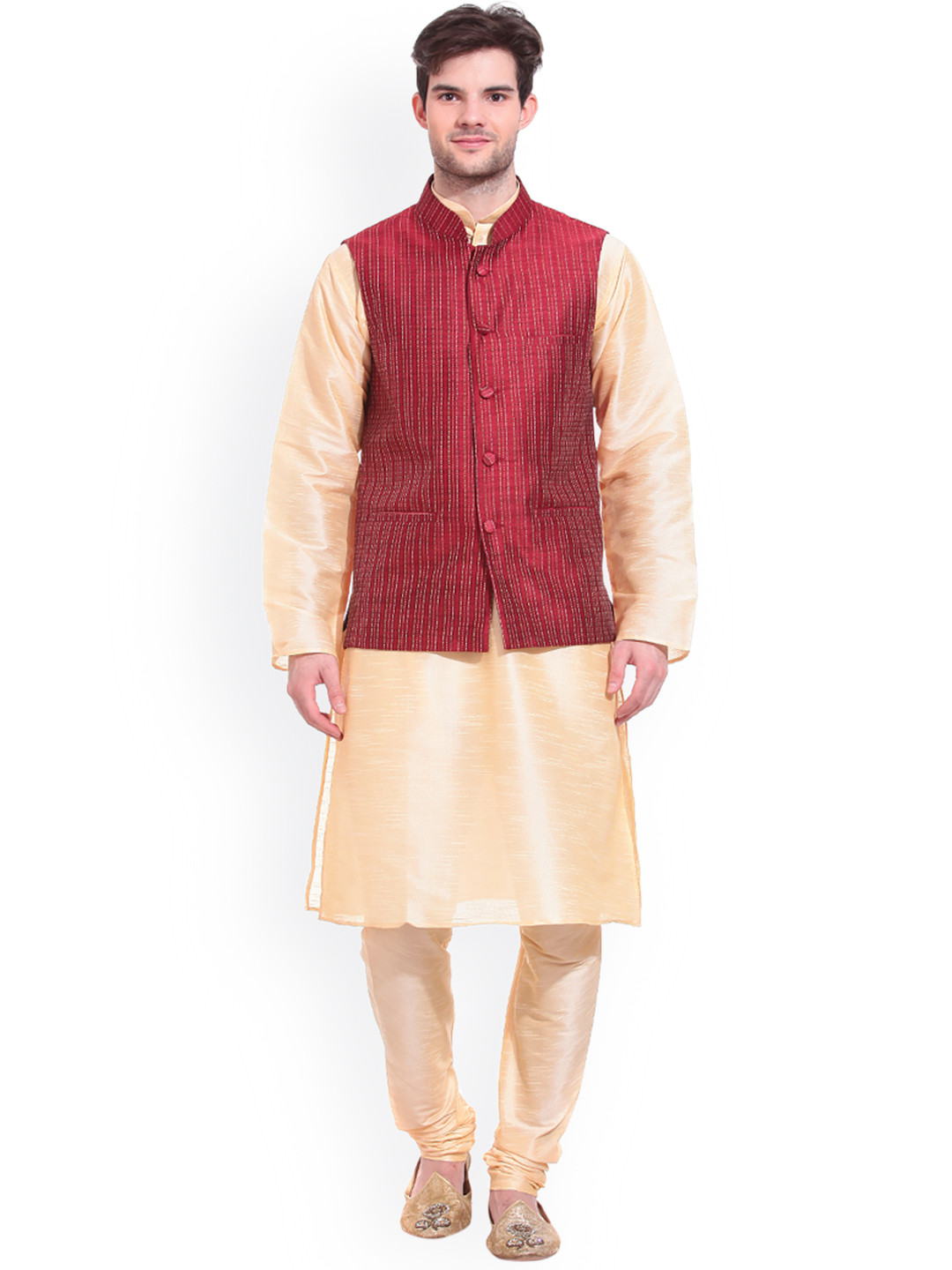 Men Gold Toned \u0026 Red Kurta Pyjama 