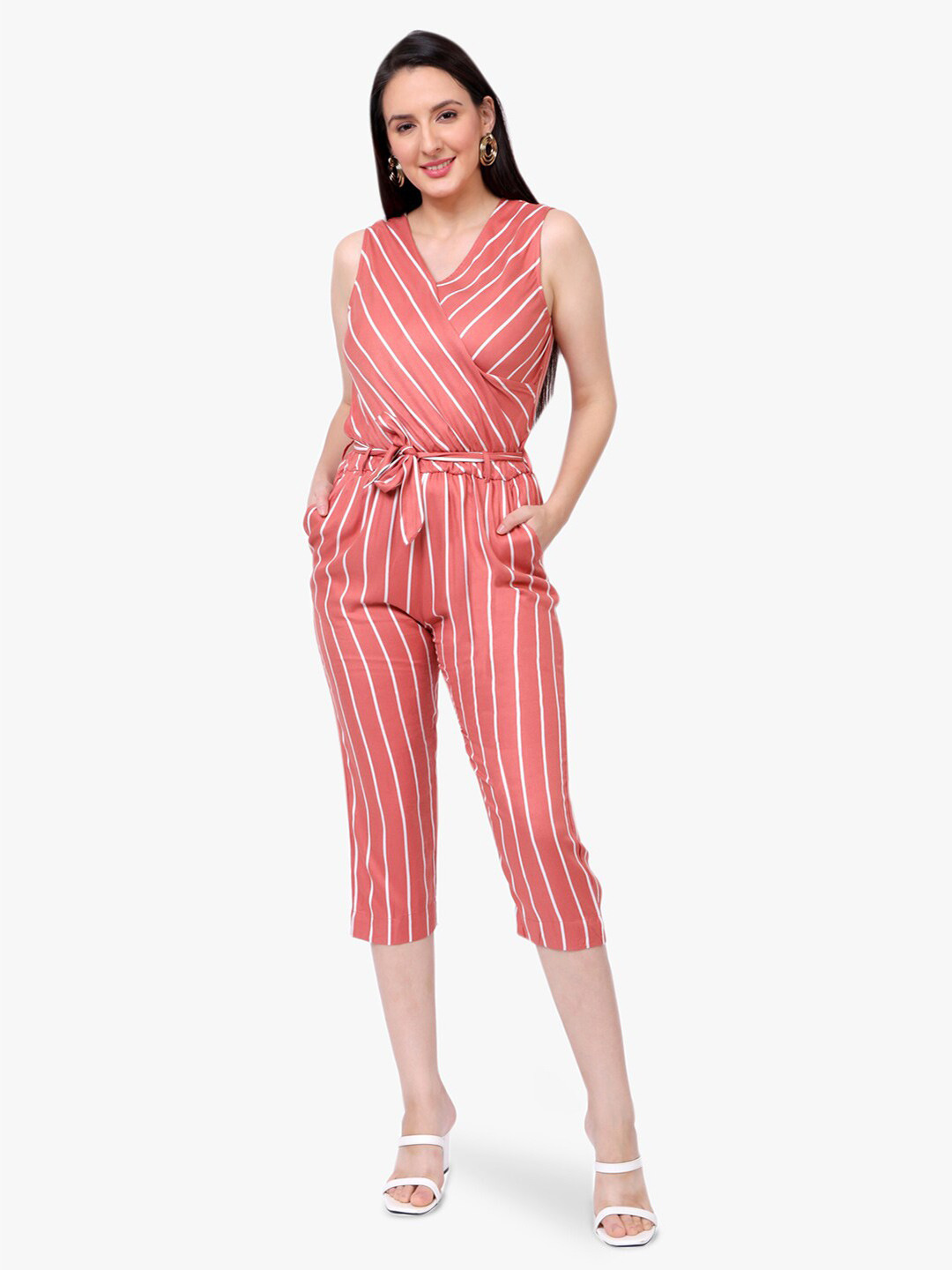 Recap Striped V-Neck Waist Tie-Ups Capri Jumpsuit
