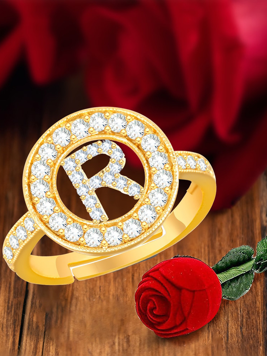 MEENAZ Gold-Plated Cubic Zirconia Studded R Alphabet Adjustable Finger Ring