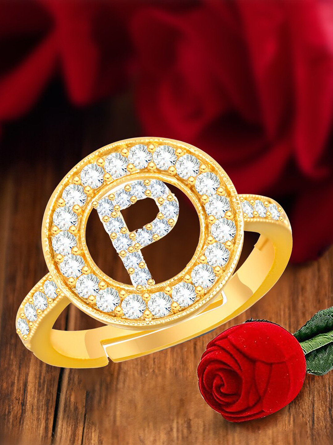 MEENAZ Gold-Plated Cubic Zirconia Studded P Alphabet Adjustable Finger Ring