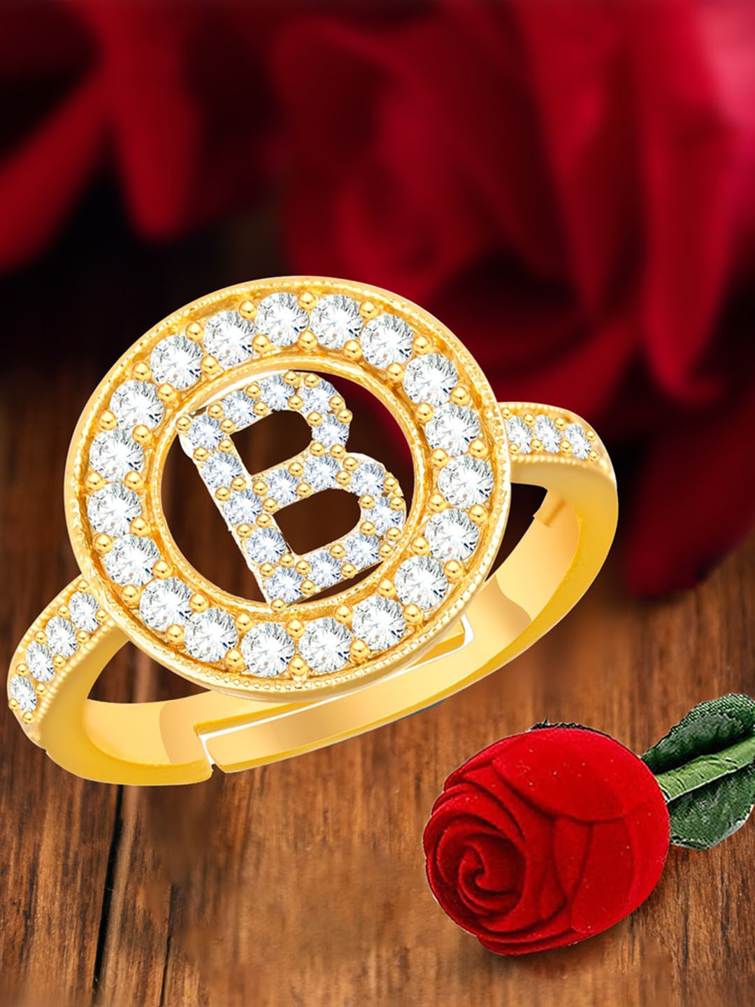 MEENAZ Gold-Plated Cubic Zirconia Studded B Alphabet Adjustable Finger Ring