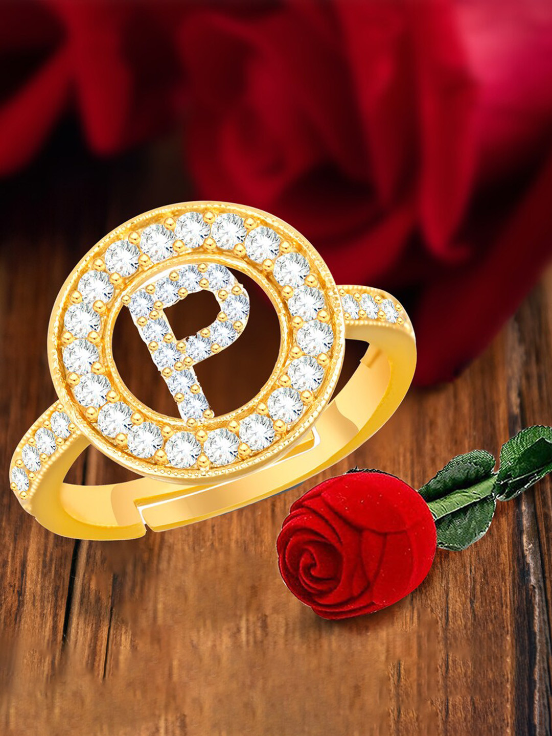 MEENAZ Gold-Plated CZ Studded P Alphabet Adjustable Finger Ring