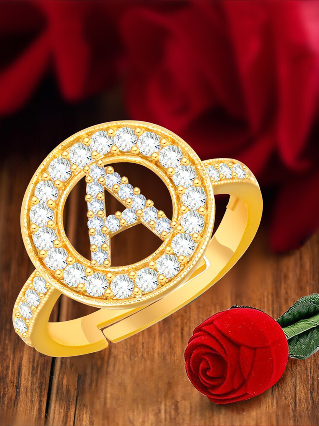 MEENAZ Gold-Plated CZ-Studded A Alphabet Adjustable Ring