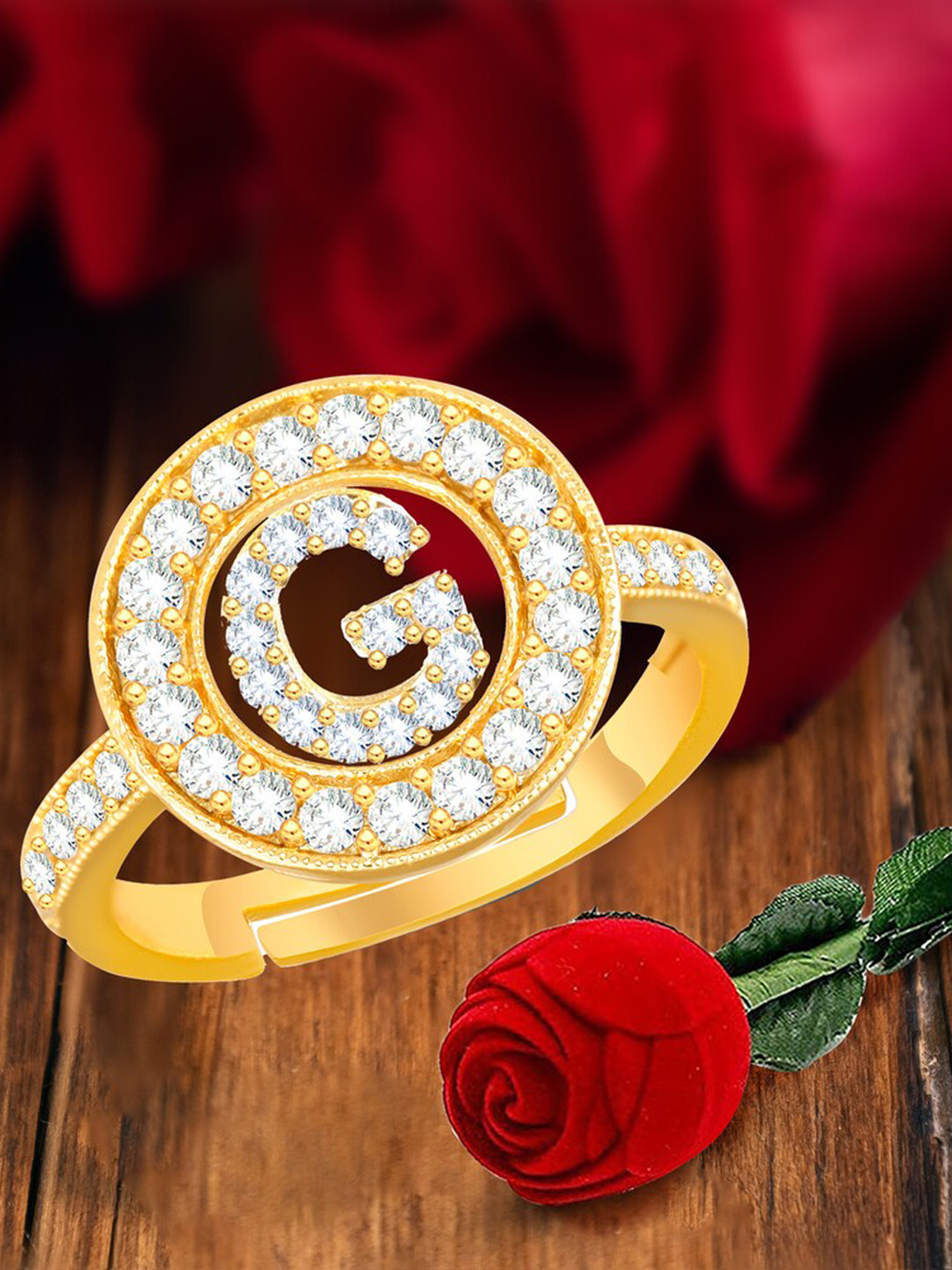MEENAZ Gold-plated CZ-studded G Alphabet Adjustable Finger Ring