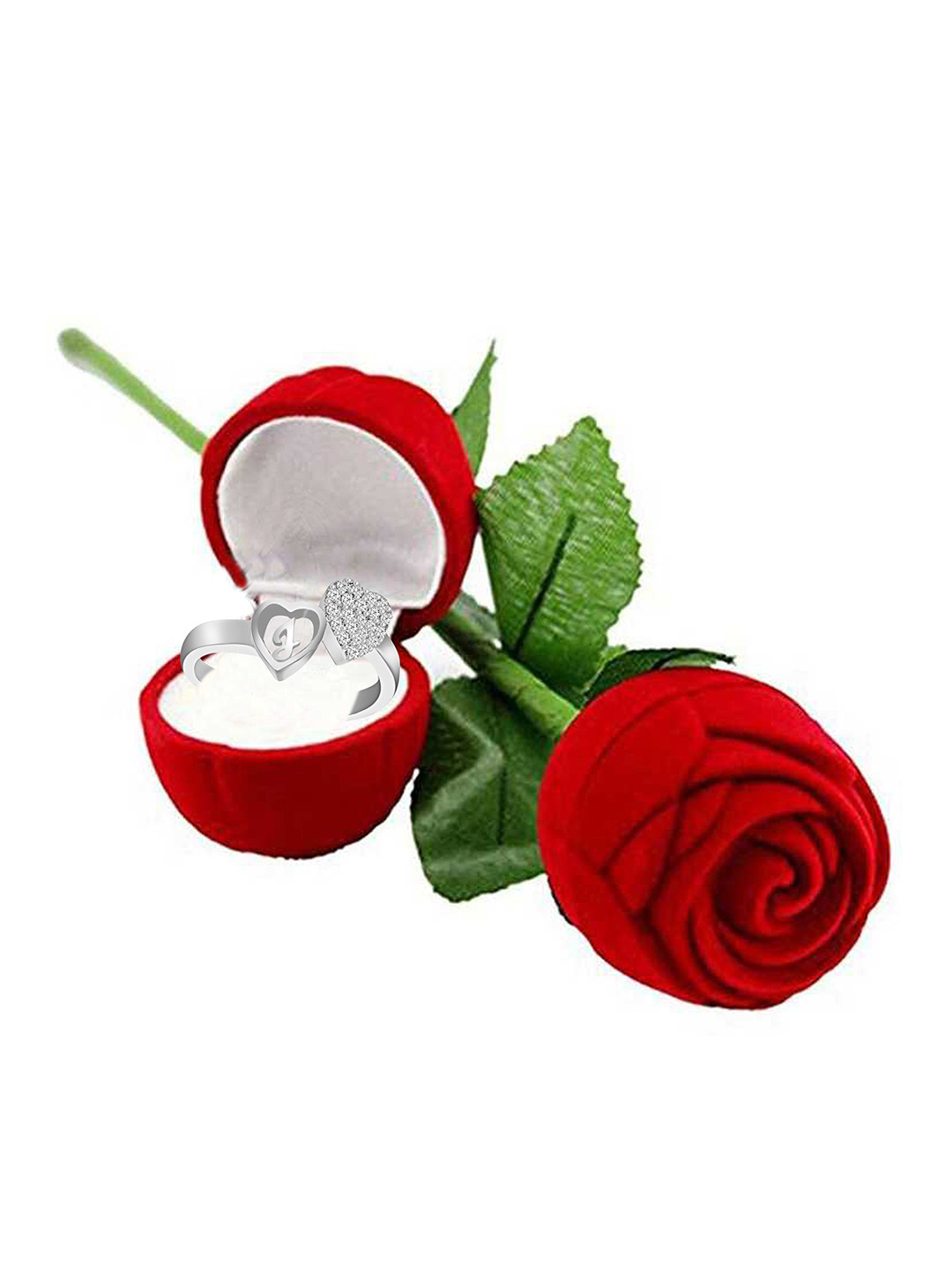 MEENAZ Silver-Plated Cubic Zirconia Studded Adjustable Finger Ring With Rose Box