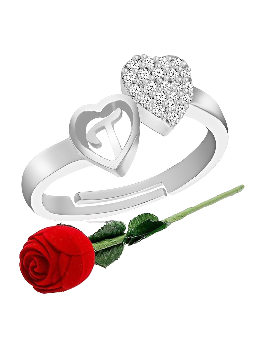 MEENAZ Silver-Plated CZ Studded Adjustable Finger Ring With Rose Box