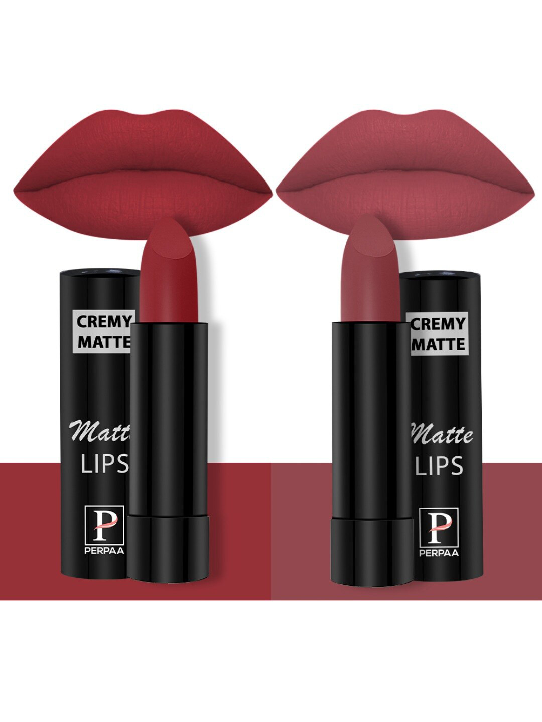 PERPAA Set of 2 Creamy Matte Bullet Lipstick 3.5g Each - Crimson Red 86 & Brick Red 110