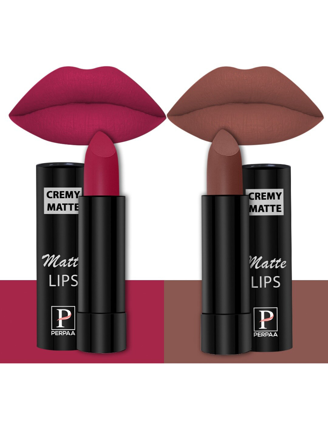 PERPAA Set of 2 Creamy Matte Bullet Lipstick 3.5g Each - Ruby Magenta 84 & Nude Brown 111