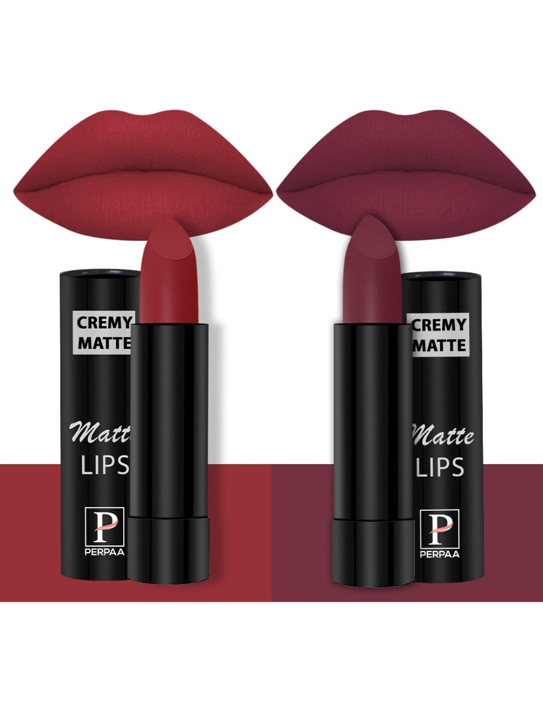 PERPAA Set of 2 Creamy Matte Bullet Lipstick 3.5g Each - Crimson Red 86 & Dusky Maroon 96