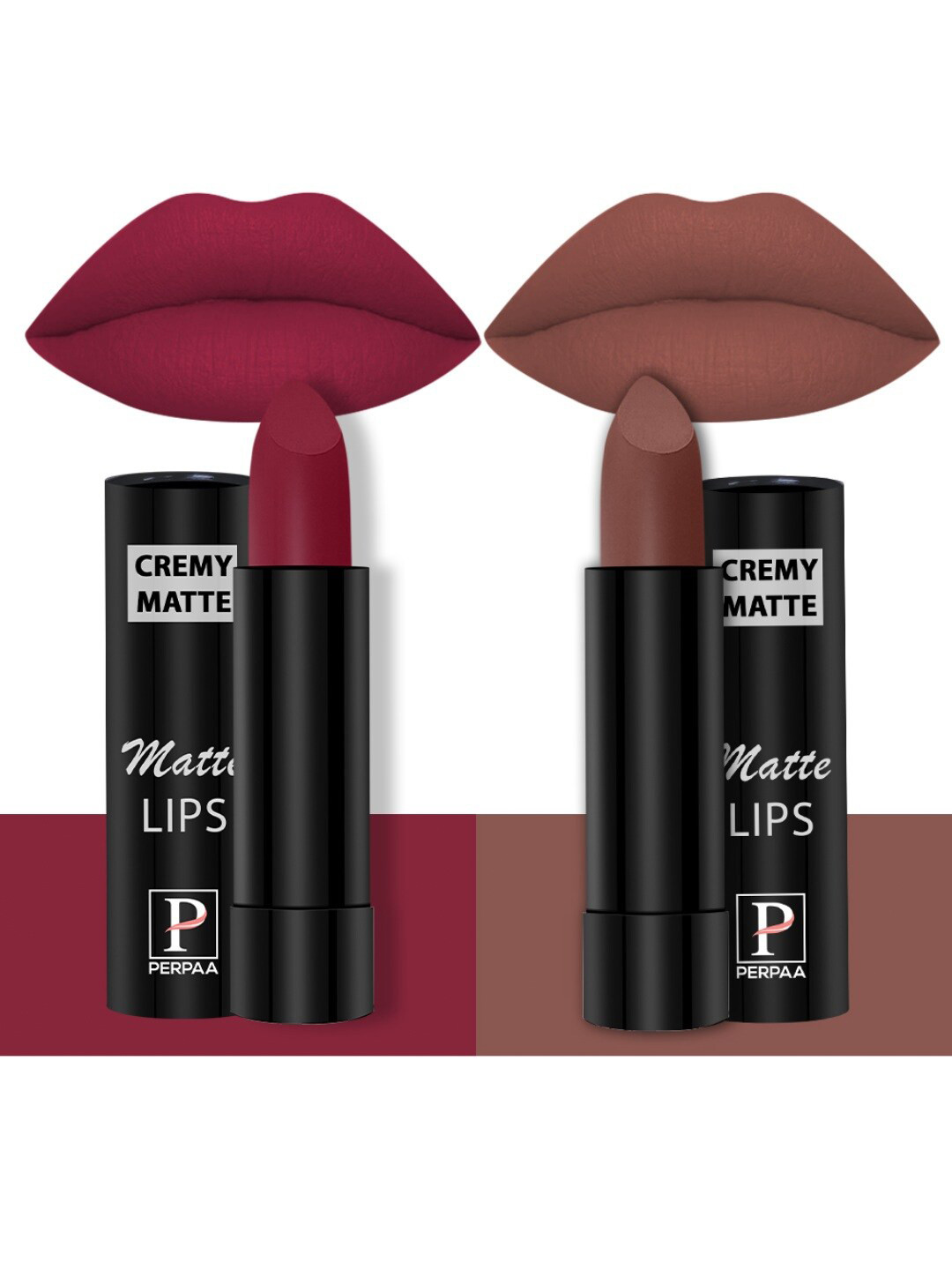 PERPAA Set Of 2 Creamy Matte Long-Stay Lipstick - Candy Pink 87 & Nude Brown 111