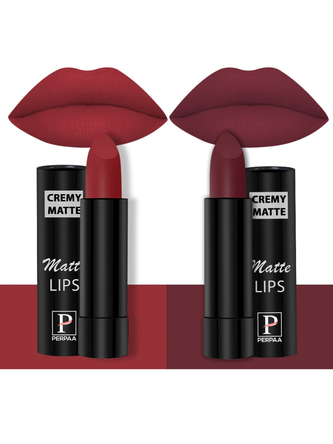 PERPAA Set Of 2 Creamy Matte Long-Stay Lipstick - Crimson Red 86 & Cherry Maroon 95