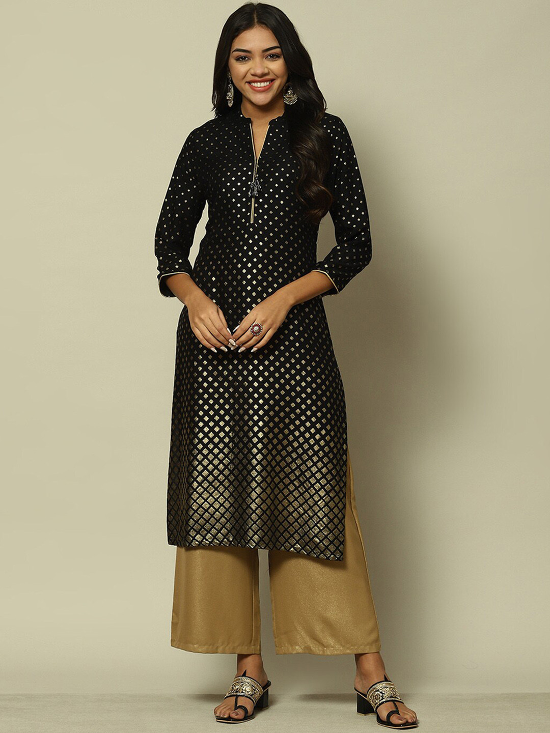Rangriti Geometric Woven Design Mandarin Collar Kurta