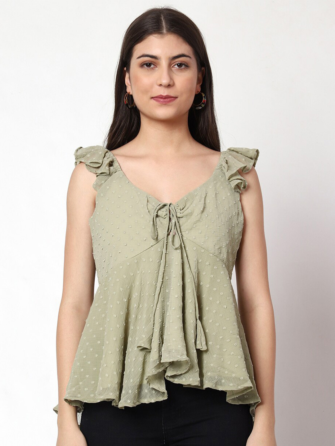Prettify Green Polka Dot Print Tie-Up Neck Flutter Sleeve Georgette Peplum Top
