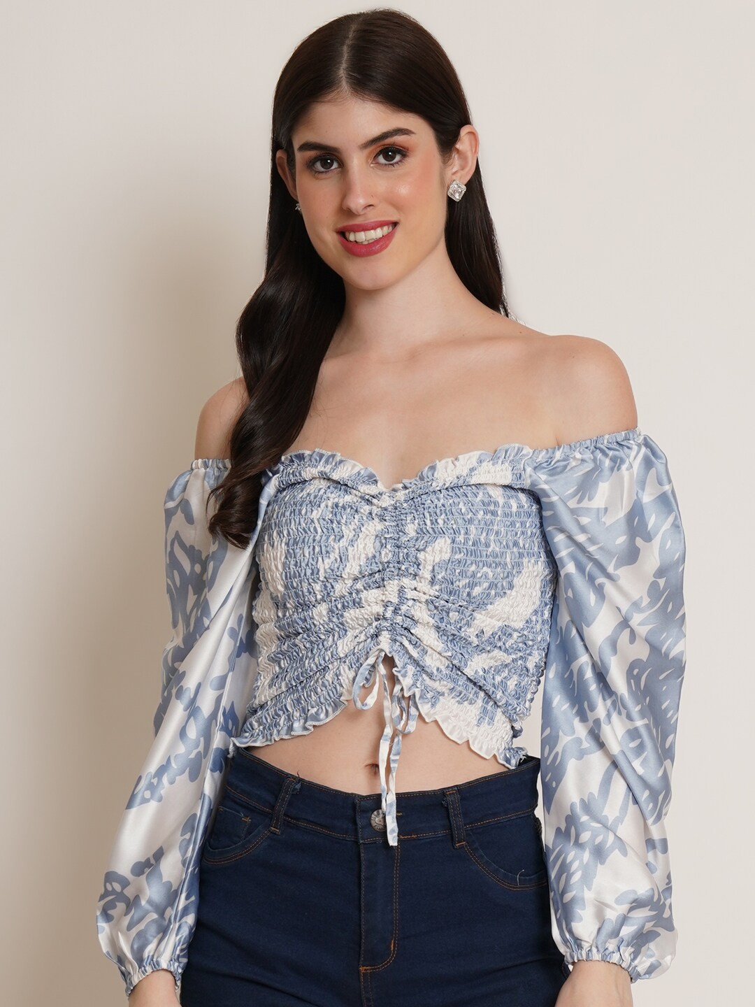 IX IMPRESSION Abstract Printed Off-Shoulder Smocked Satin Bardot Crop Top