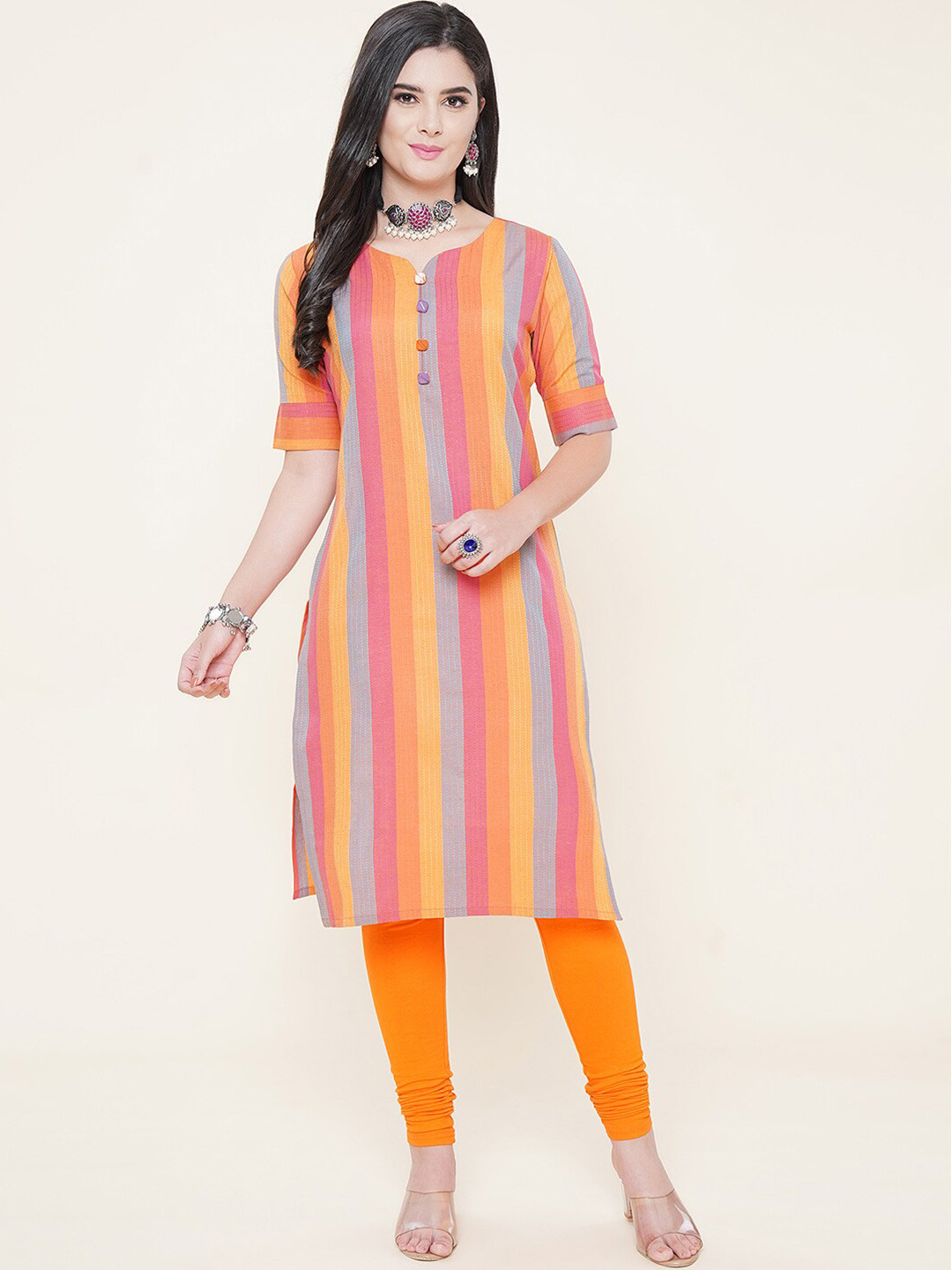 KALINI Striped Round Neck Short Sleeve Straight Kurta