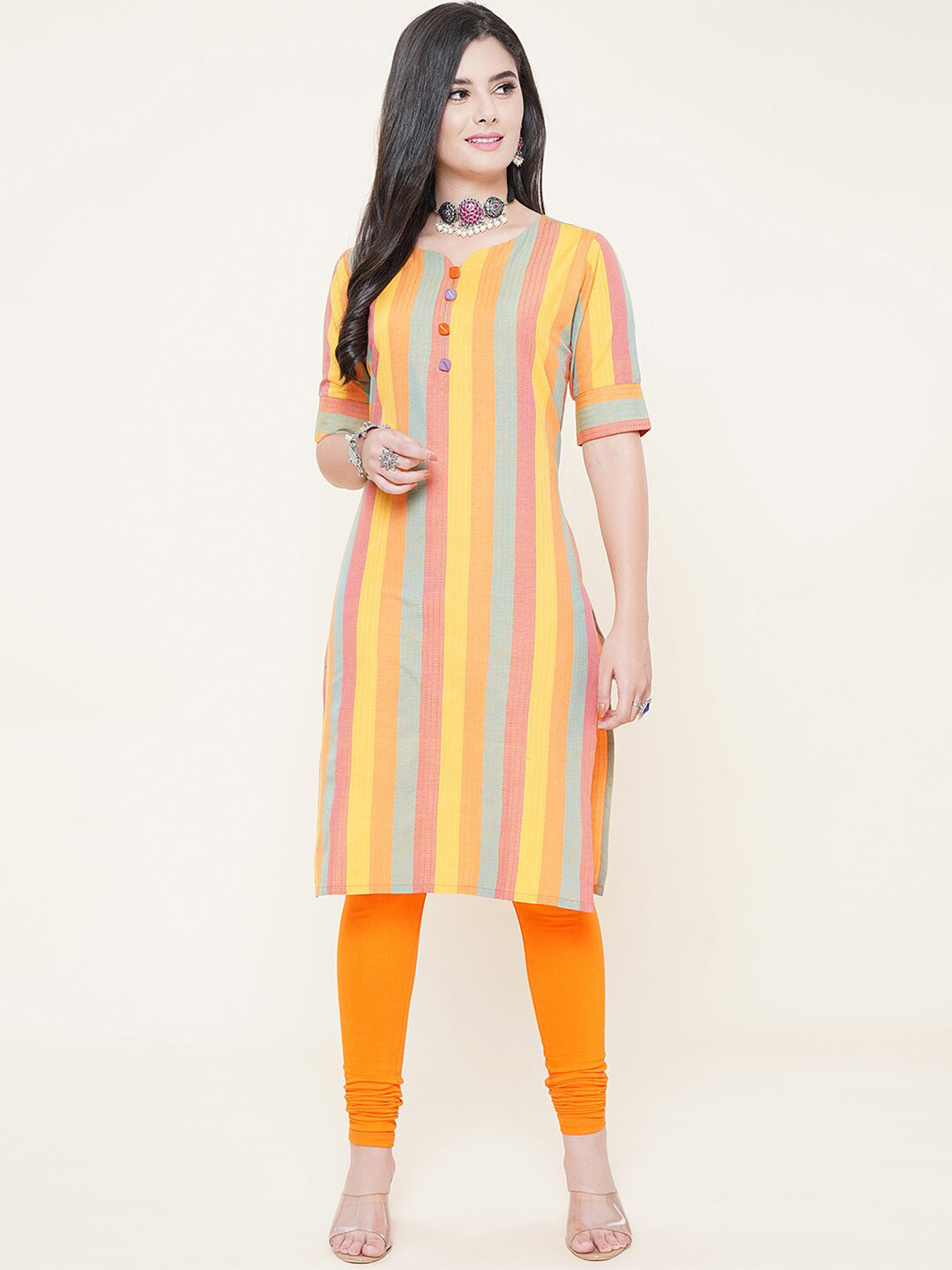 KALINI Striped Printed Round Neck With Notched Straight Cotton Kurta