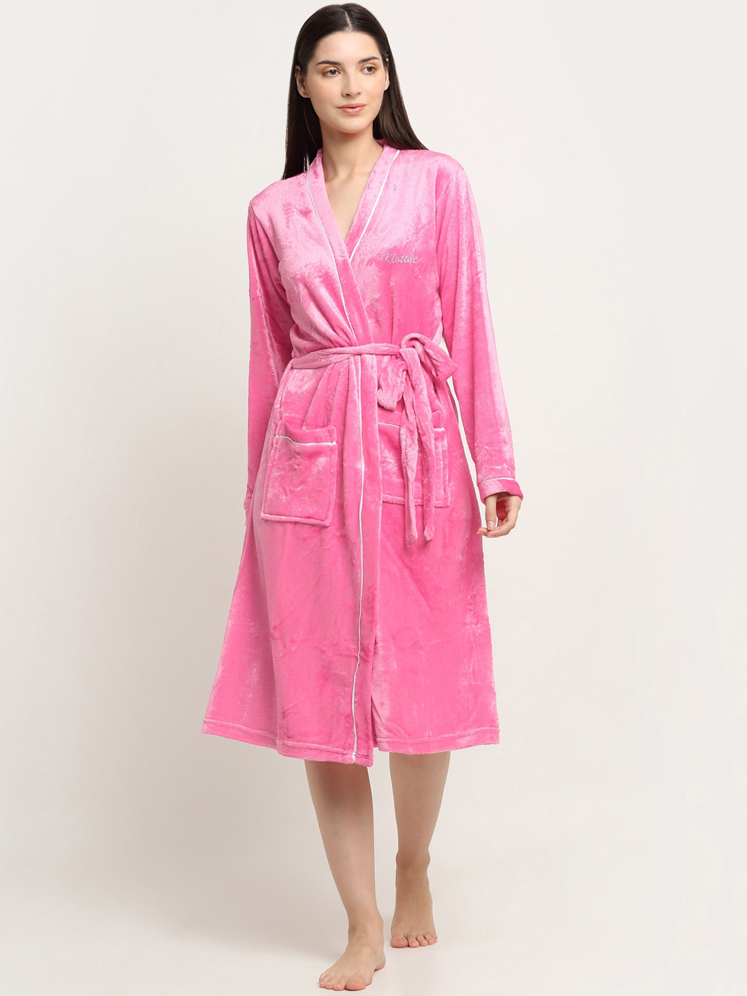 KLOTTHE Pink Solid Wool Drawstring Knee Length Bath Robe-S