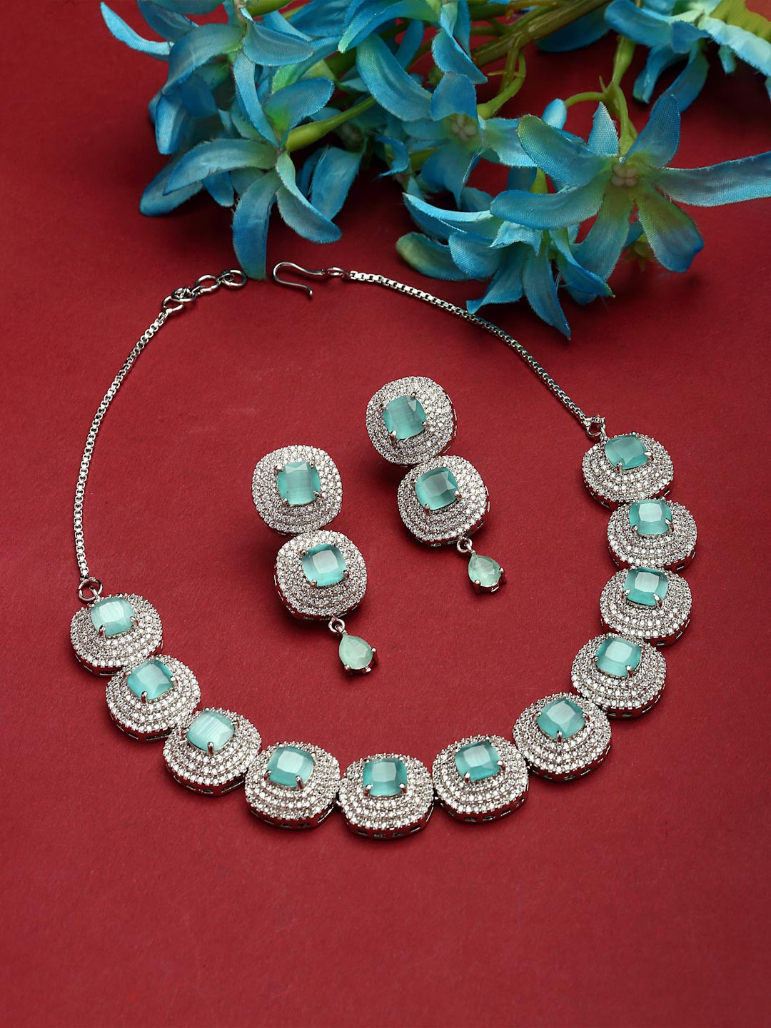 ZENEME Rhodium Plated Silver Toned Sea Green Square American Diamond Studded Necklace Set