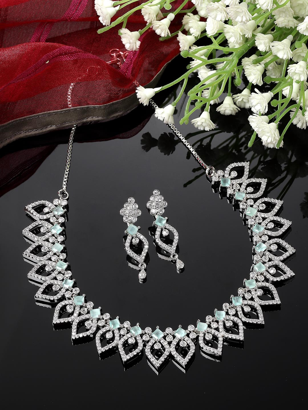ZENEME Rhodium-Plated Silver Sea Green Toned American Diamond-Studded Jewellery Set