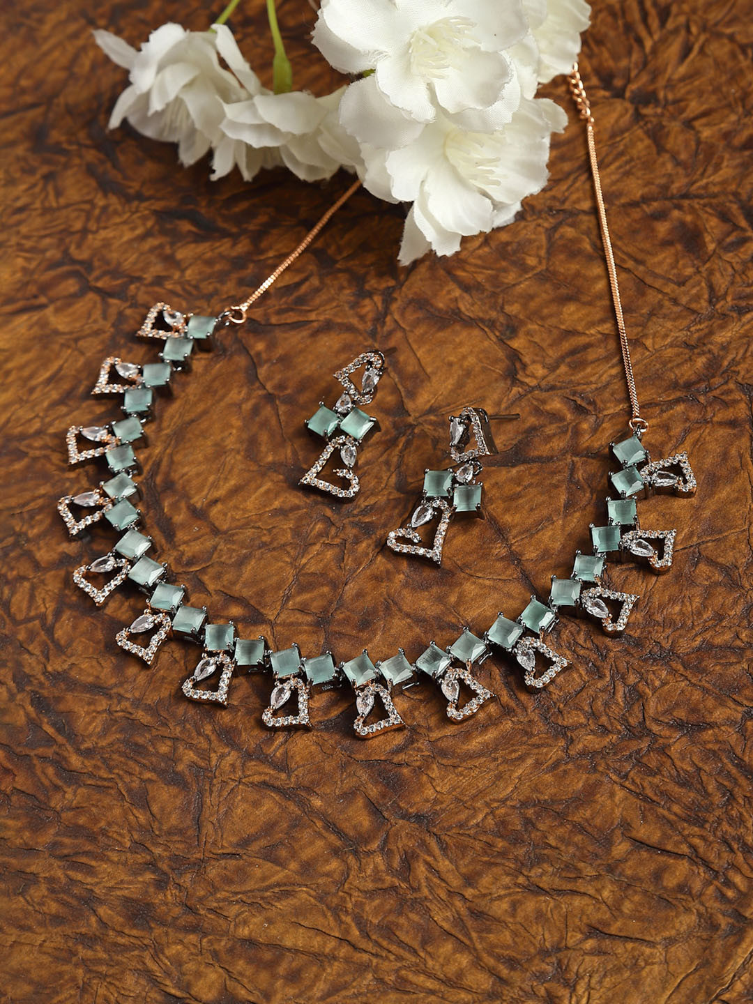 ZENEME Rose Gold Plated Gunmetal Toned Sea Green Ad Studded Heart Shaped Jewellery Set