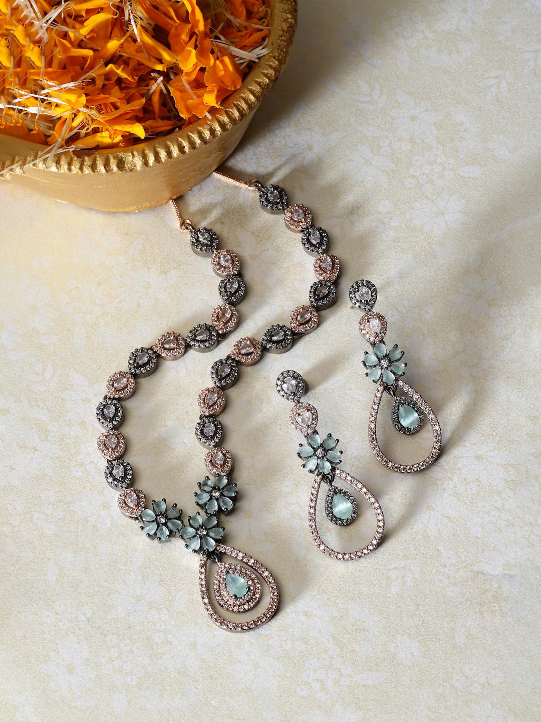 ZENEME Rose Gold-Plated Gunmetal Toned American Diamond Studded Necklace With Earrings