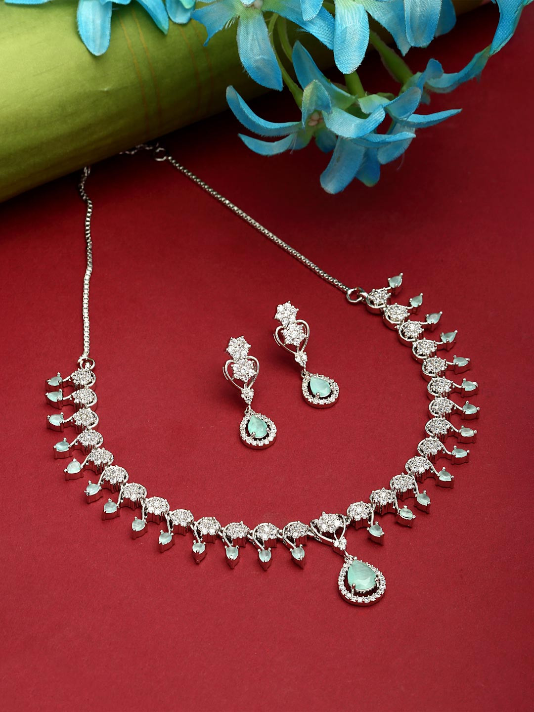 ZENEME Rhodium-Plated Silver Toned Sea Green American Diamond Studded Jewellery Set