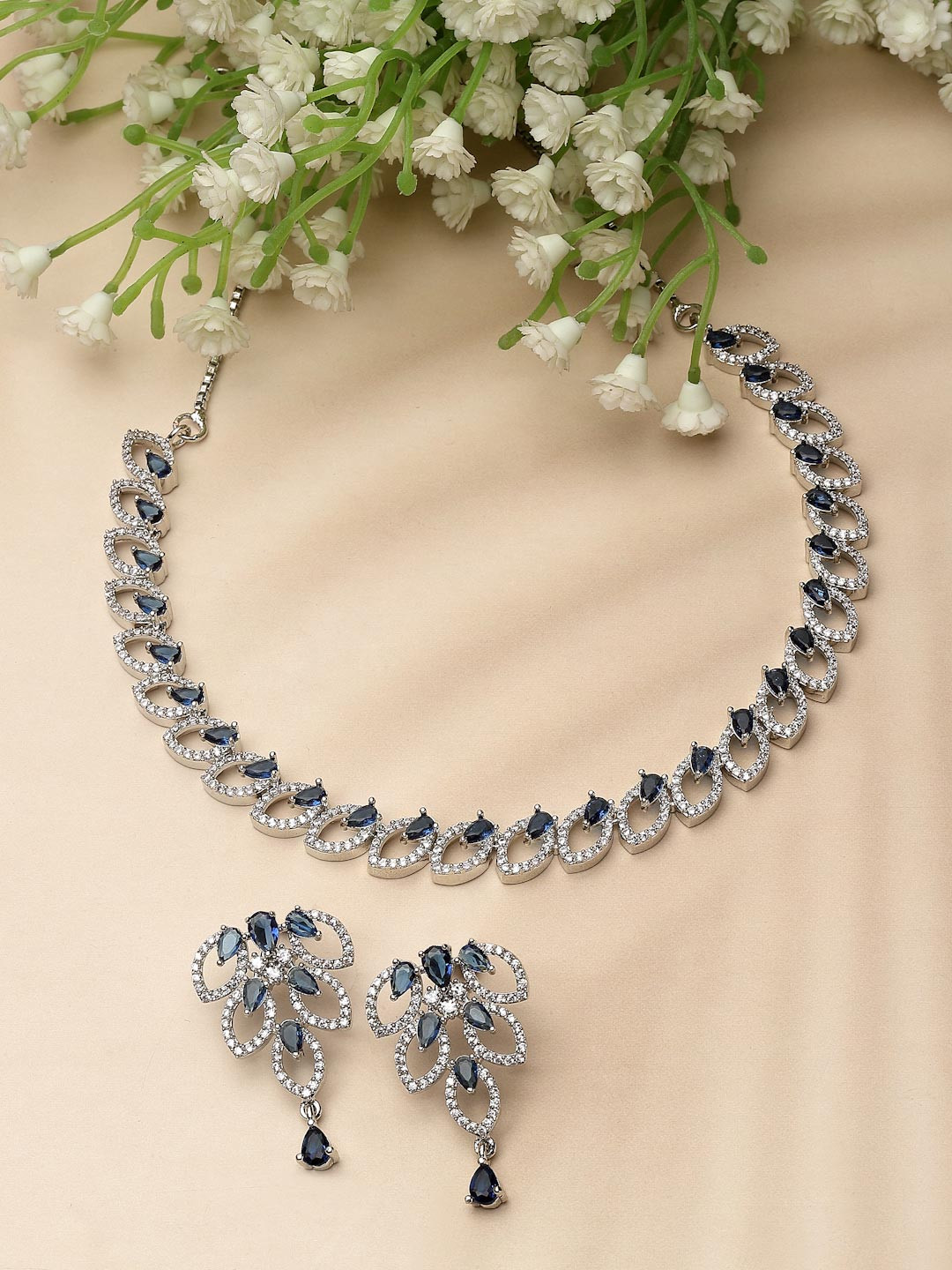ZENEME Rhodium-plated Brass American Diamond Jewellery Set