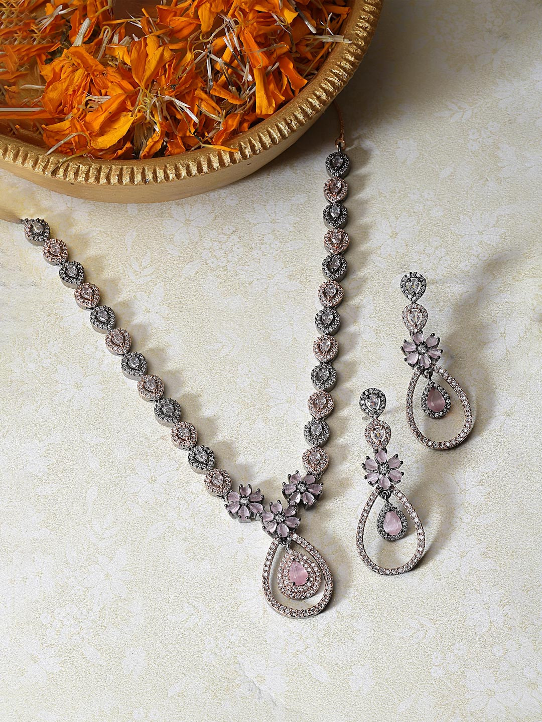 ZENEME Rose Gold-Plated Gunmetal Pink American Diamond-Studded Necklace And Earrings