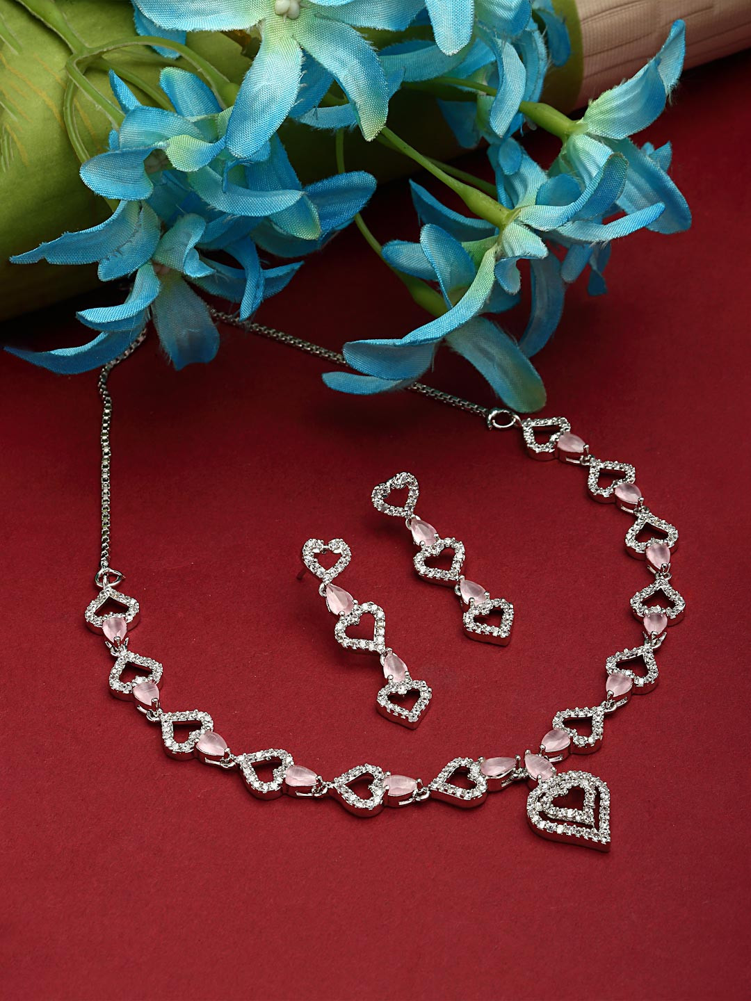 ZENEME Rhodium-Plated Silver Toned Pink American Diamond Studded Heart Shaped Jewellery Set