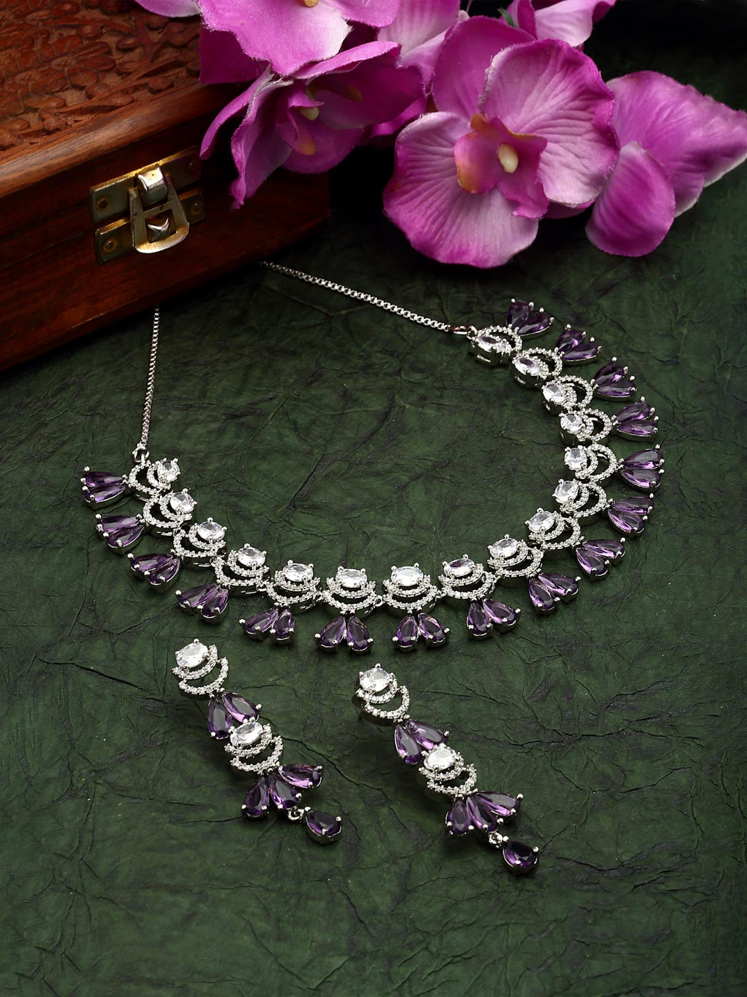 ZENEME Rhodium-Plated Silver Purple Toned American Diamond Studded Jewellery Set