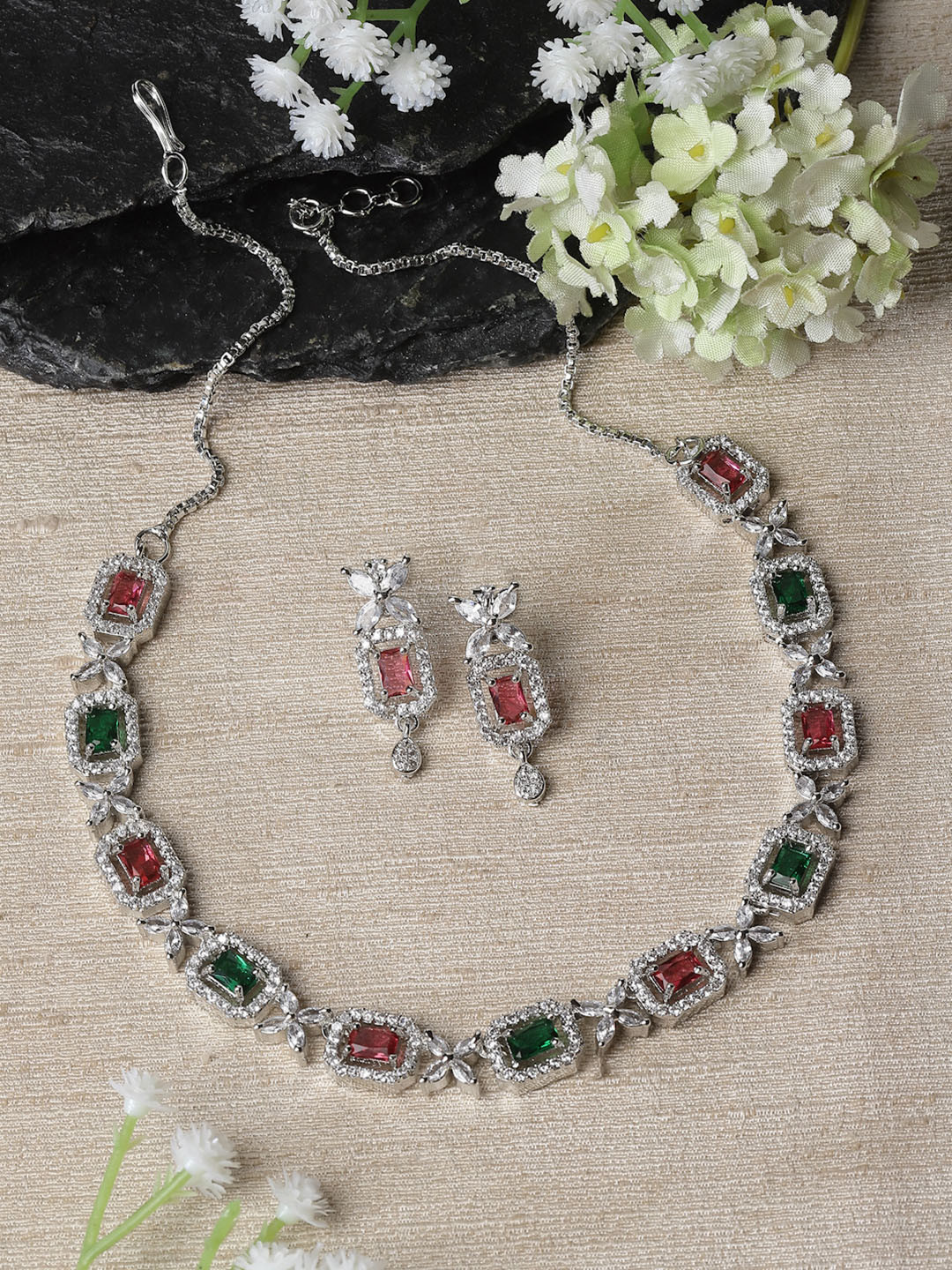 ZENEME Rhodium-Plated Silver Toned Red & Green American Diamond Studded Jewellery Set