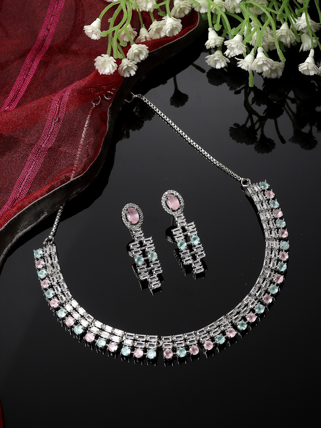ZENEME Rhodium-Plated Silver Toned Pink & Sea Green American Diamond-Studded Jewellery Set
