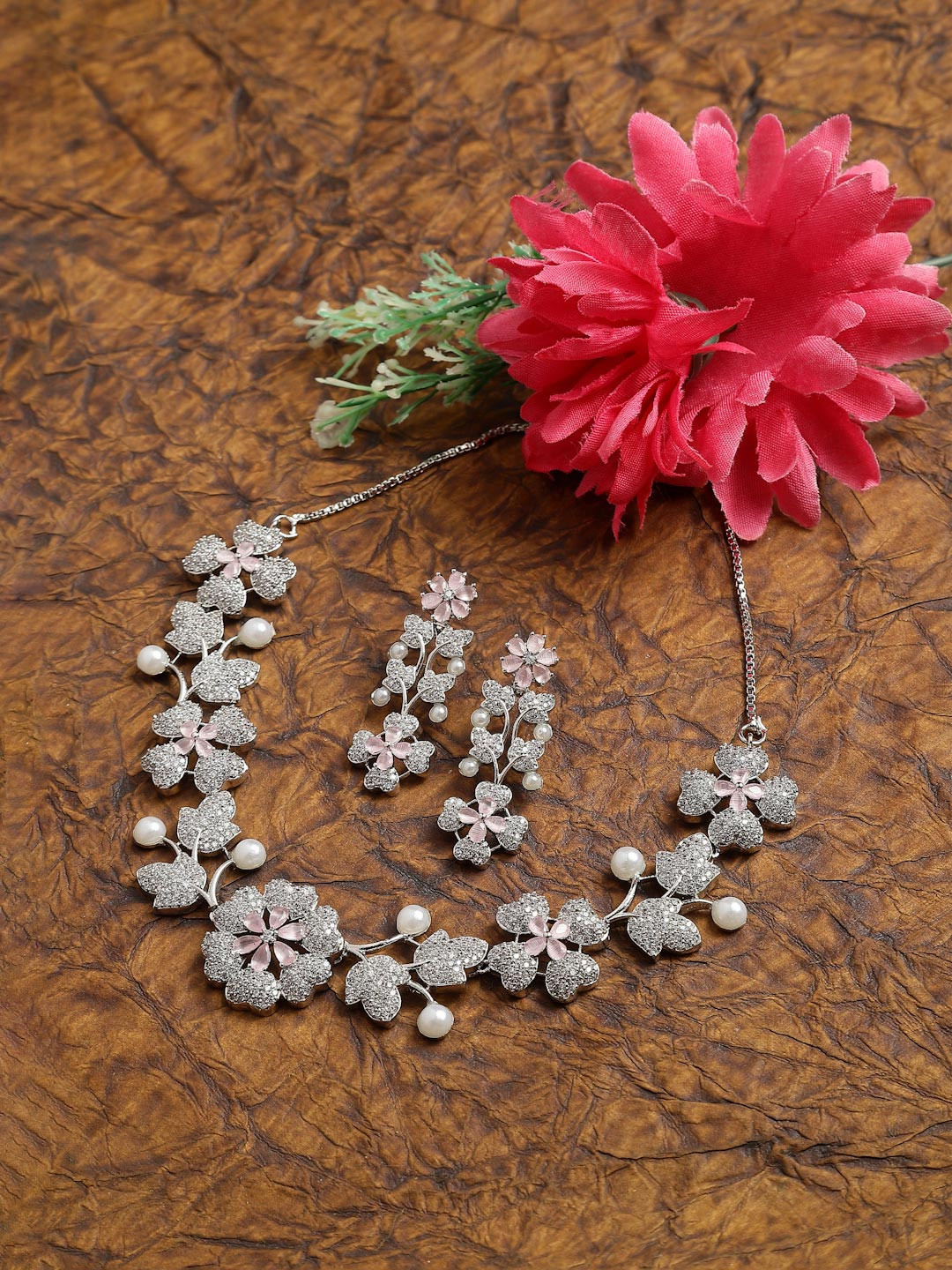 ZENEME Rhodium Plated American Diamond Studded Floral Design Necklace Set