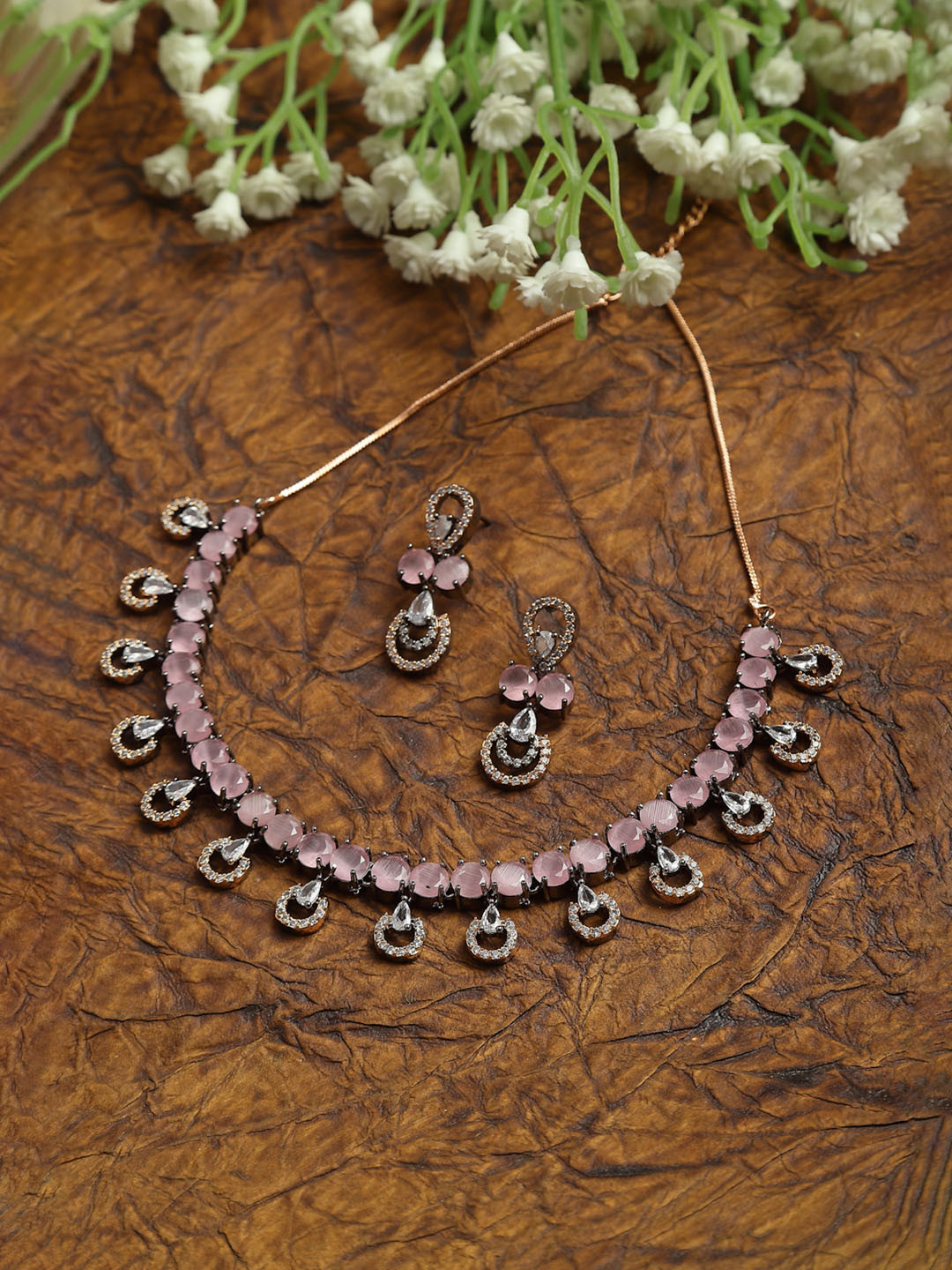 ZENEME Rose Gold-Plated Gunmetal Toned Pink American Diamond-Studded Jewellery Set