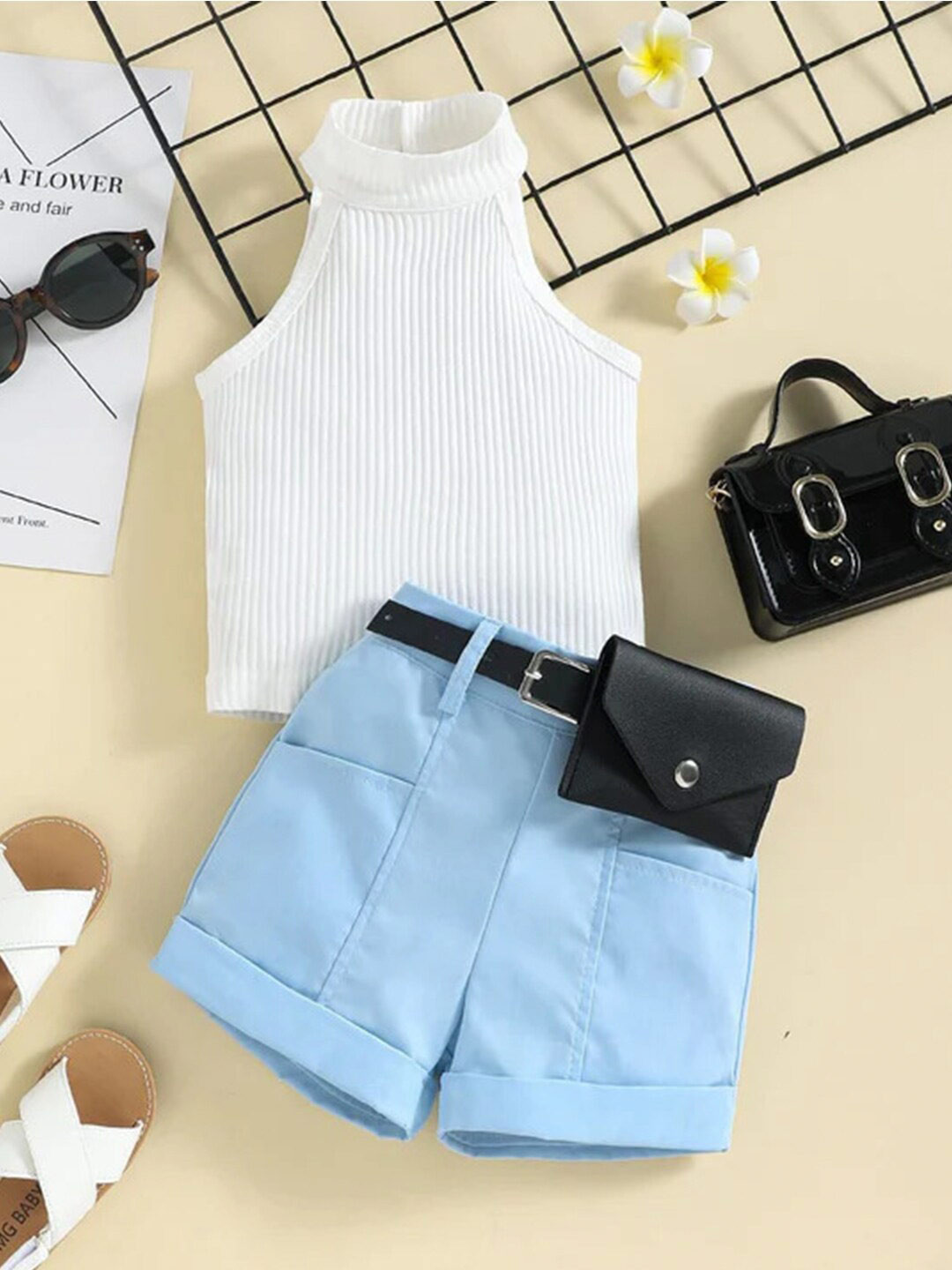 Bold N Elegant Girls Halter Neck Top & Shorts With Belt & Wallet