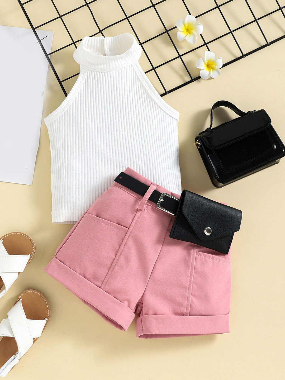 Bold N Elegant Girls Girls Halter Neck Top & Shorts With Belt & Wallet