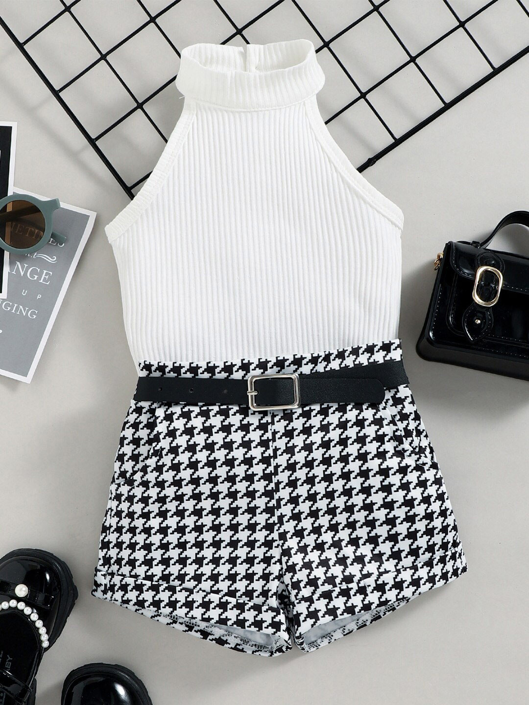 Bold N Elegant Girls High Neck Sleeveless Pure Cotton Top with Shorts & Belt