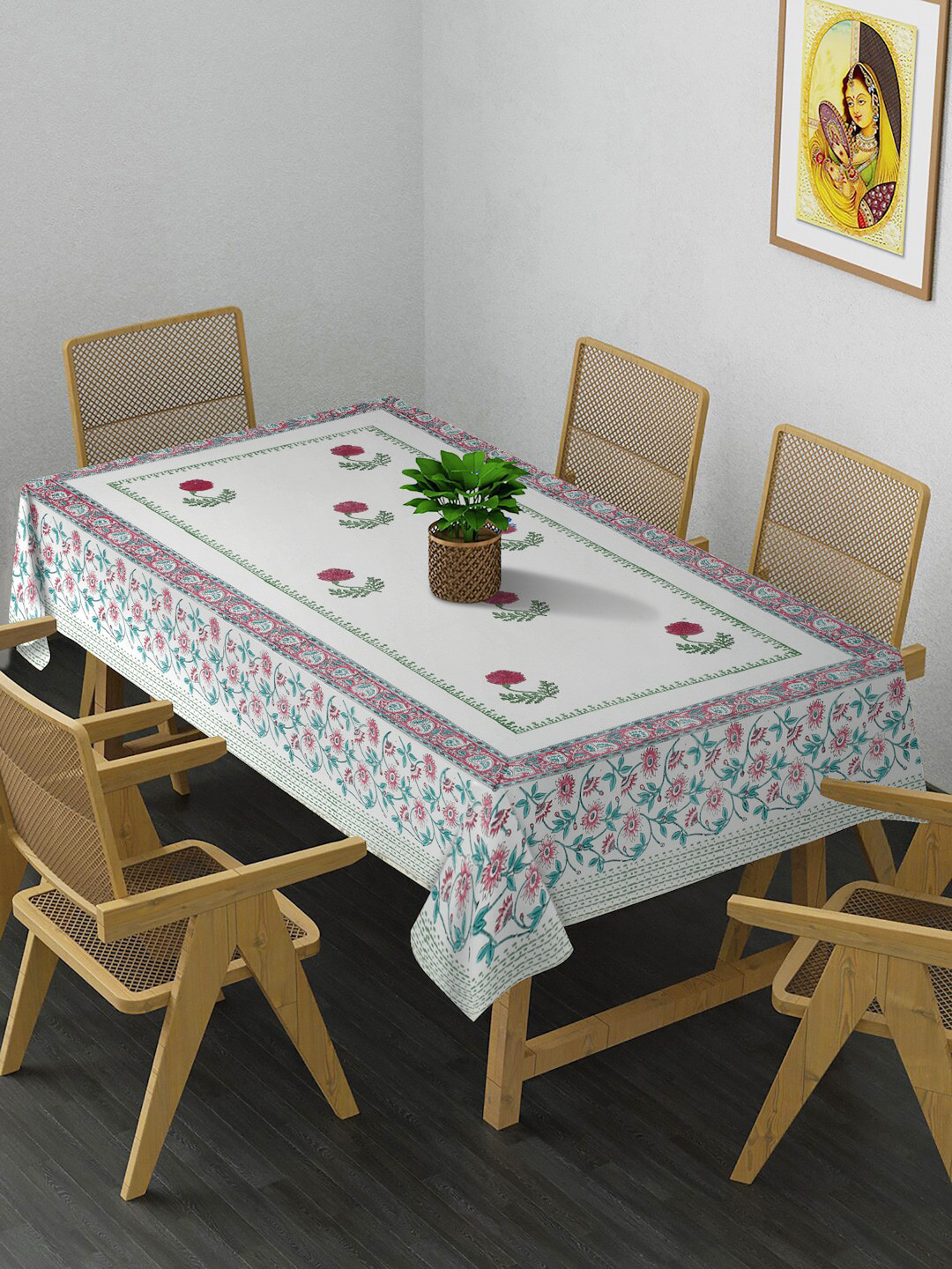 Rajasthan Decor White & Pink Printed Cotton 6-Seater Table Cover