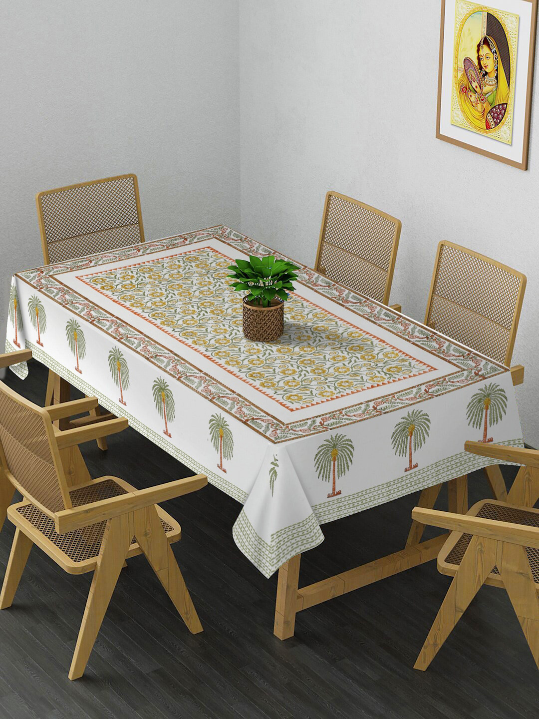 Rajasthan Decor White Printed Pure Cotton 6-Seater Table Cover